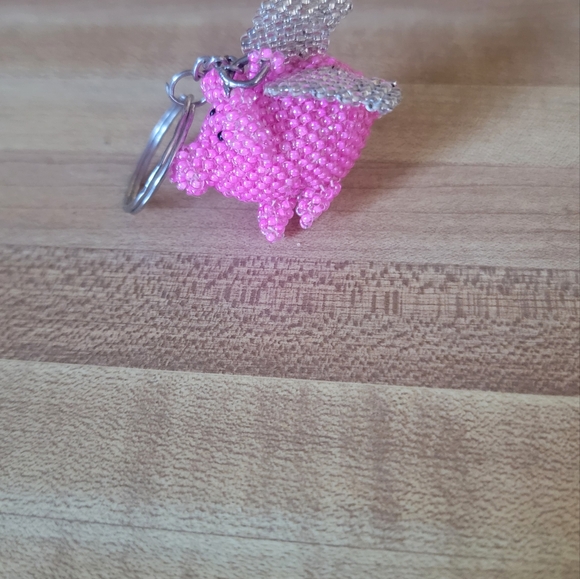 Flying pig handmade Mexican chaquira bead keychain, Beaded chaquira key ring - Picture 2 of 5